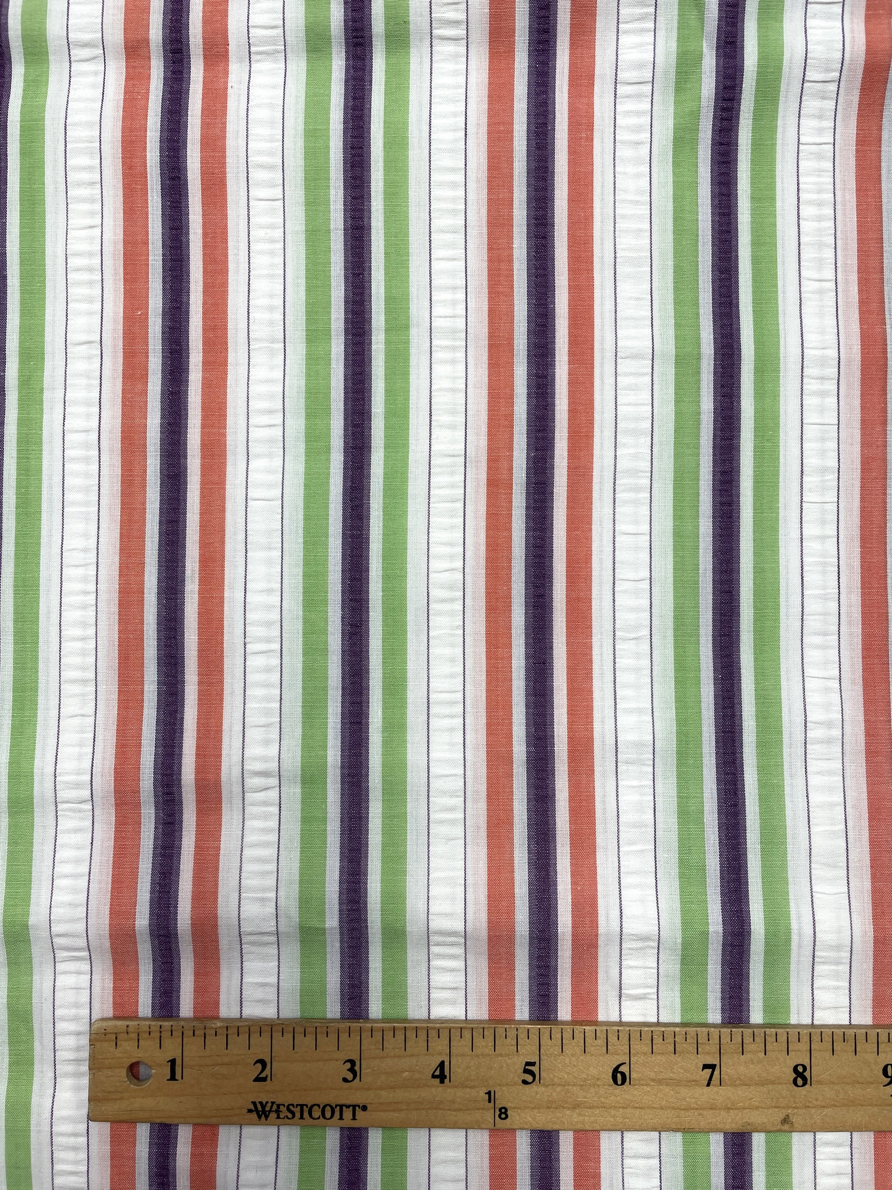1 1/8 YD Cotton/Poly Yarn-Dyed Striped Seersucker - White, Orange, Purple and Green