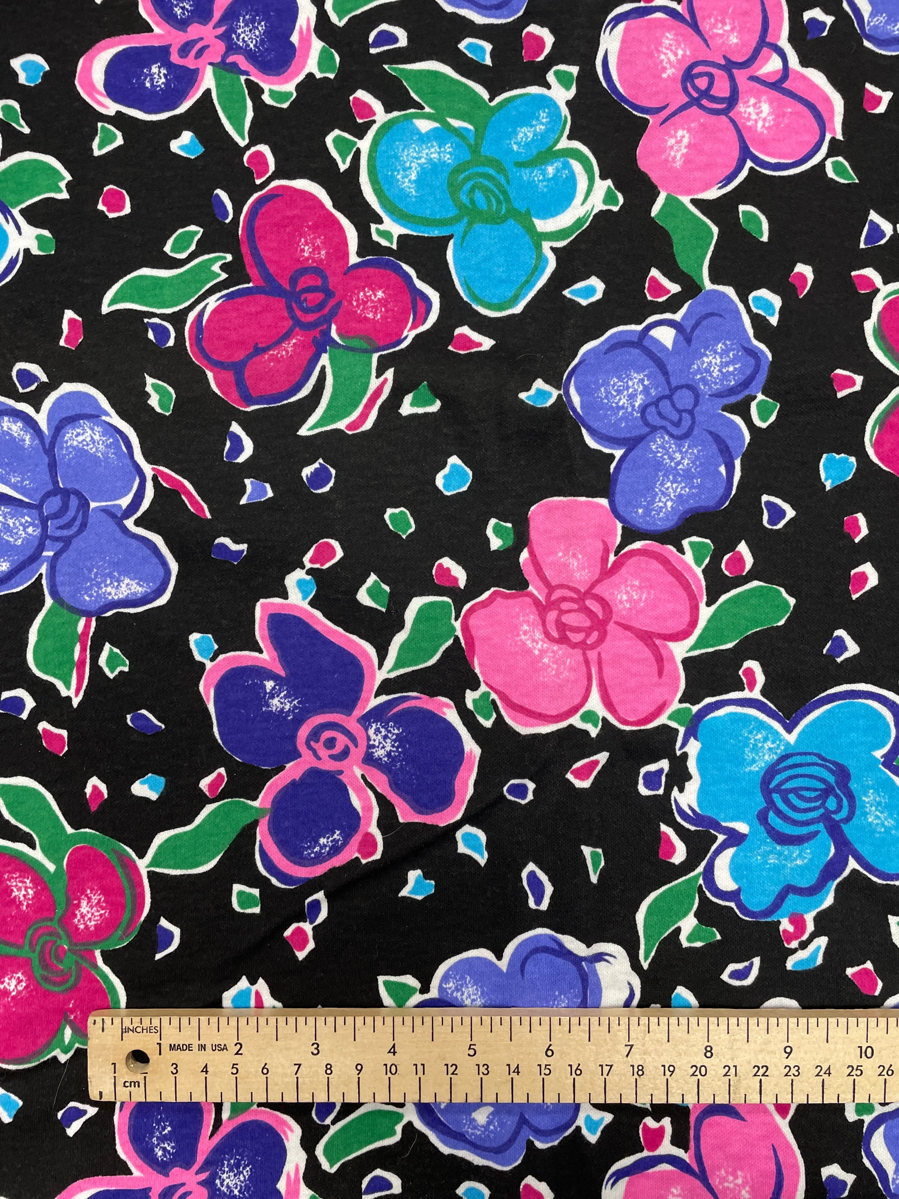 2 1/2 YD Poly/Cotton Knit - Bright Pink, Purple and Blue Flowers on Black