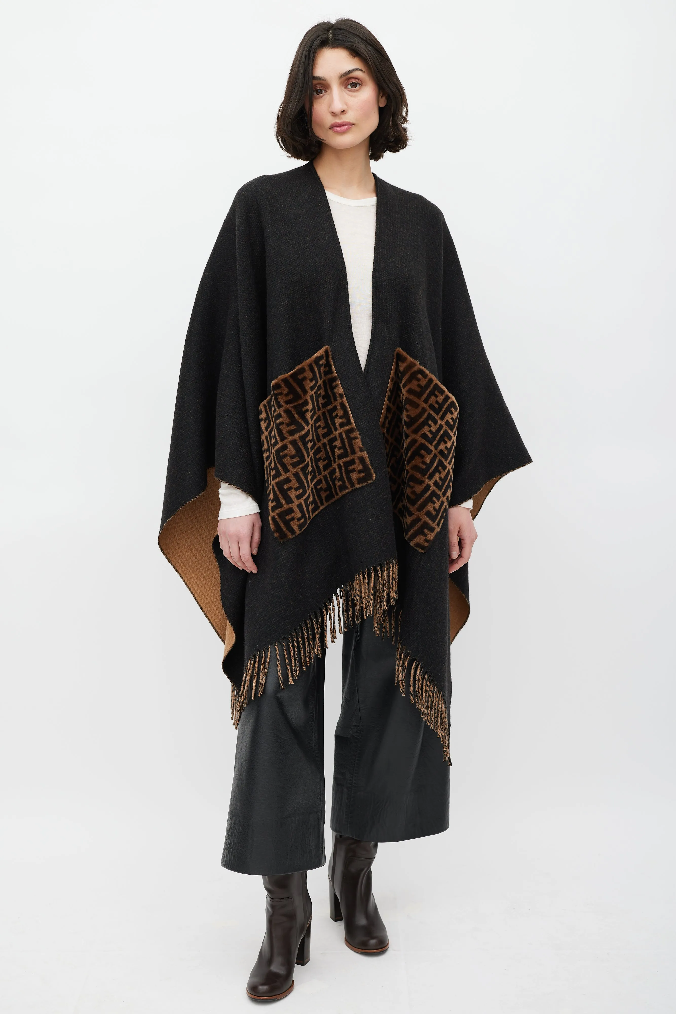 Black & Brown Cashmere FF Fringe Shawl
