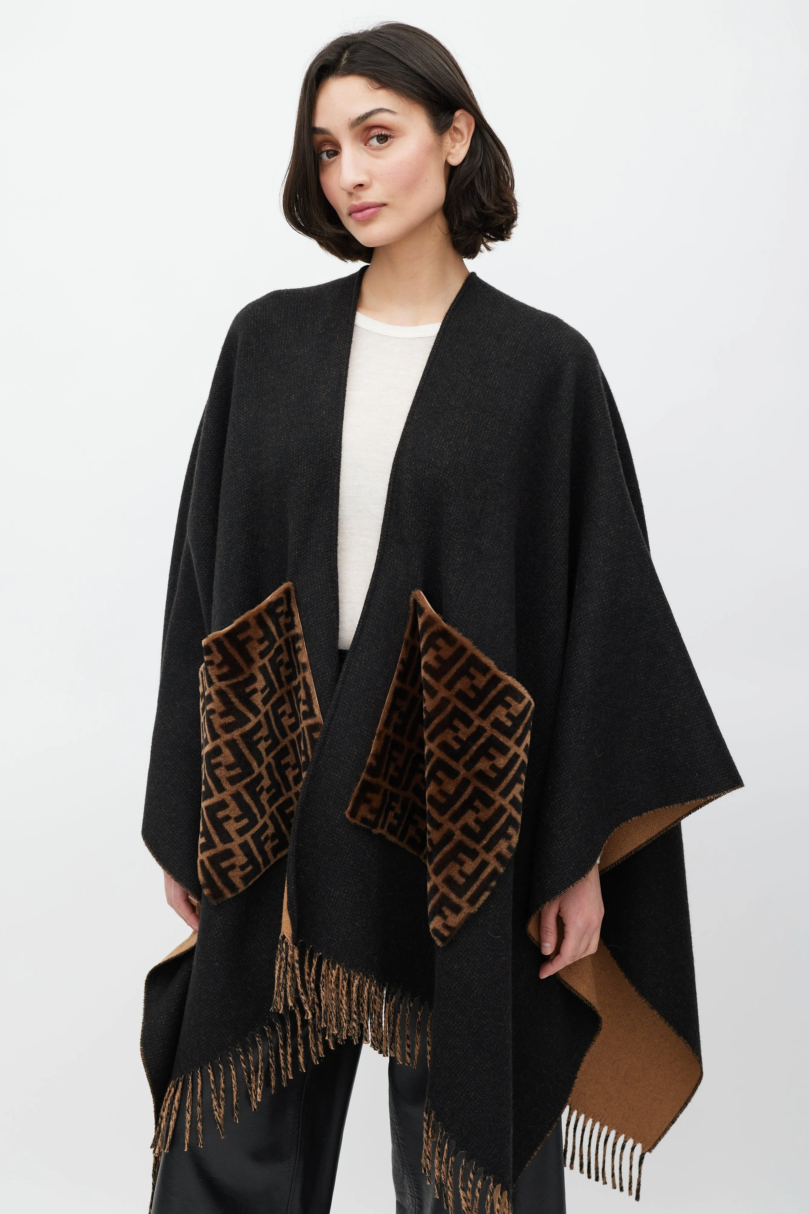 Black & Brown Cashmere FF Fringe Shawl