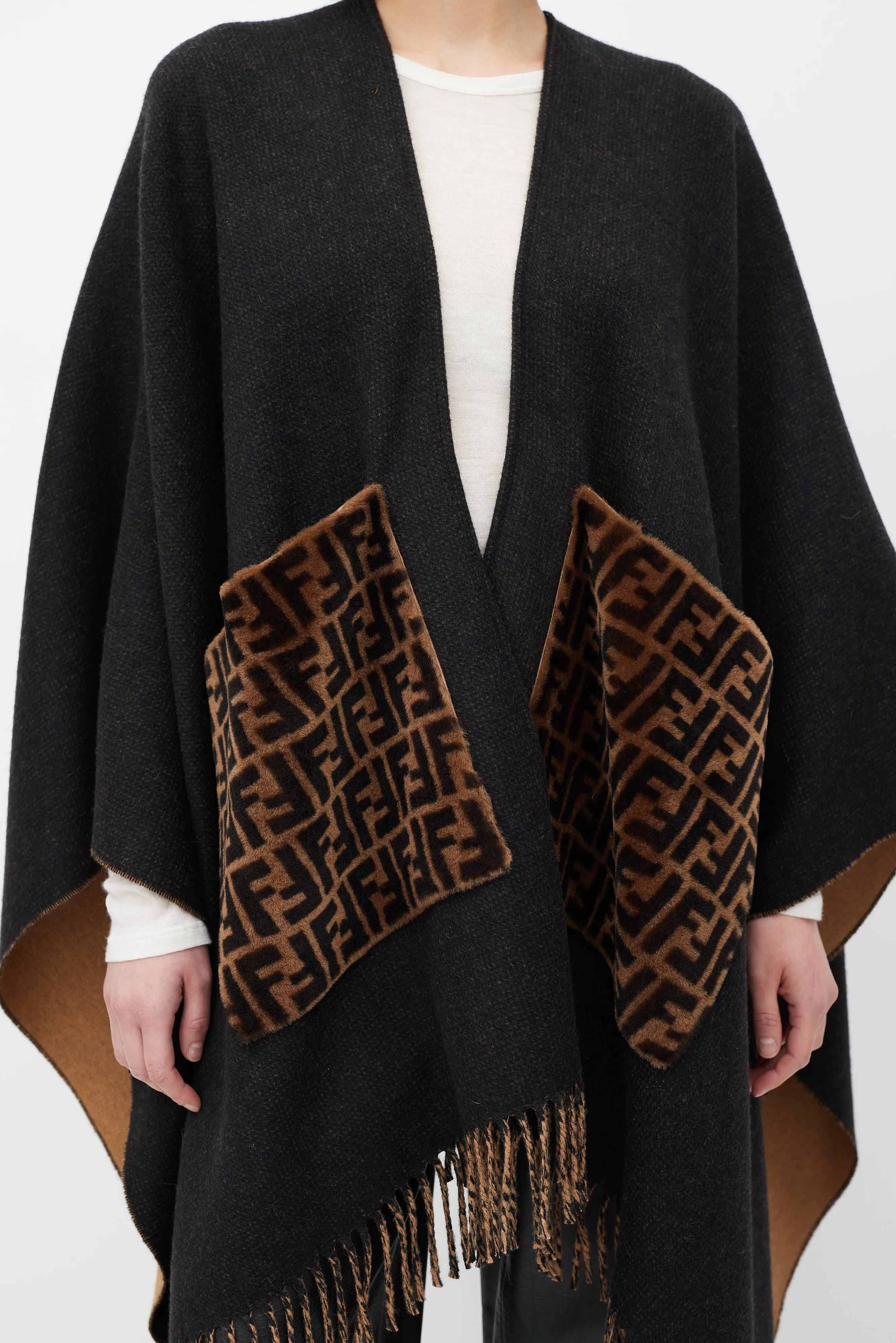 Black & Brown Cashmere FF Fringe Shawl