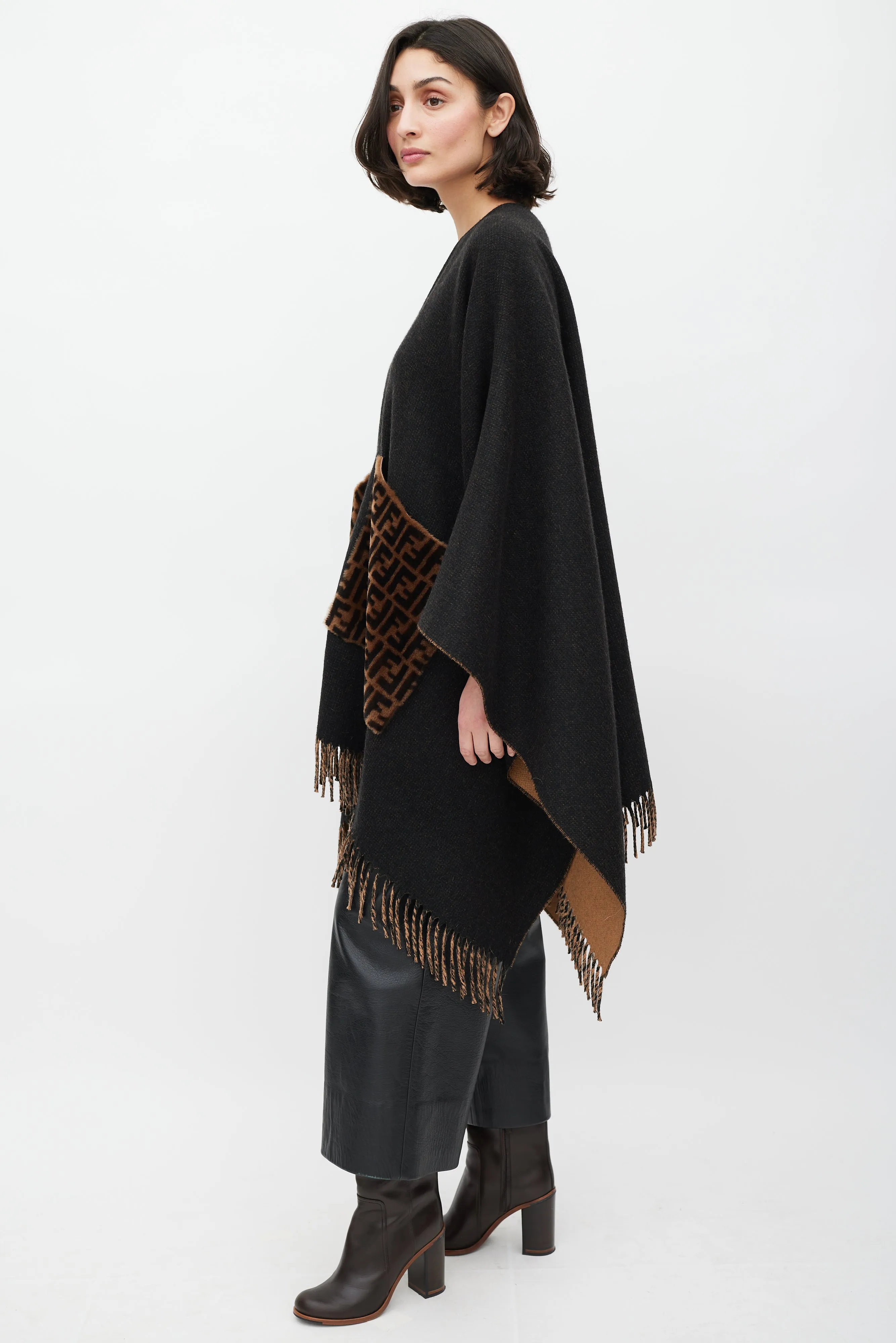Black & Brown Cashmere FF Fringe Shawl