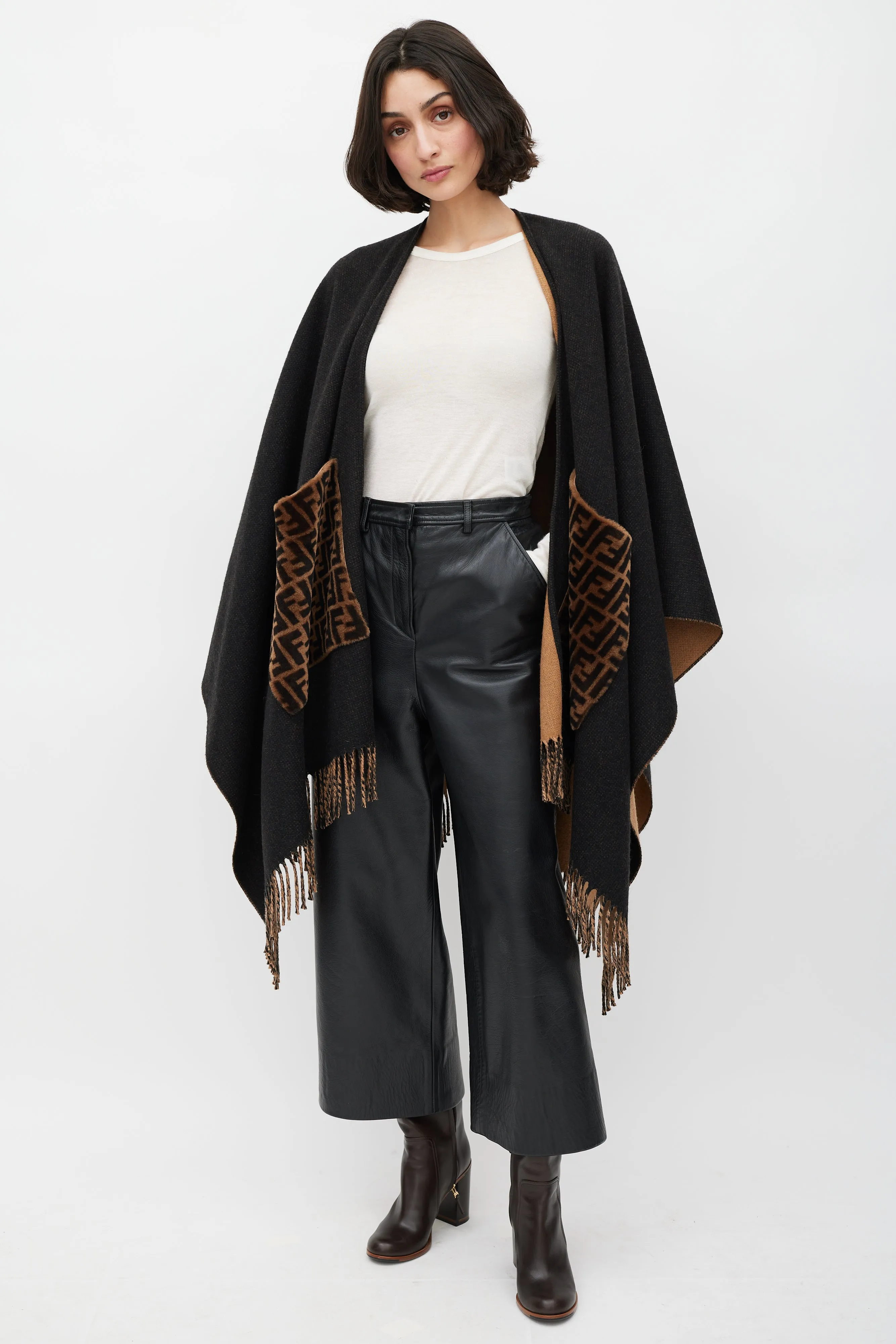 Black & Brown Cashmere FF Fringe Shawl