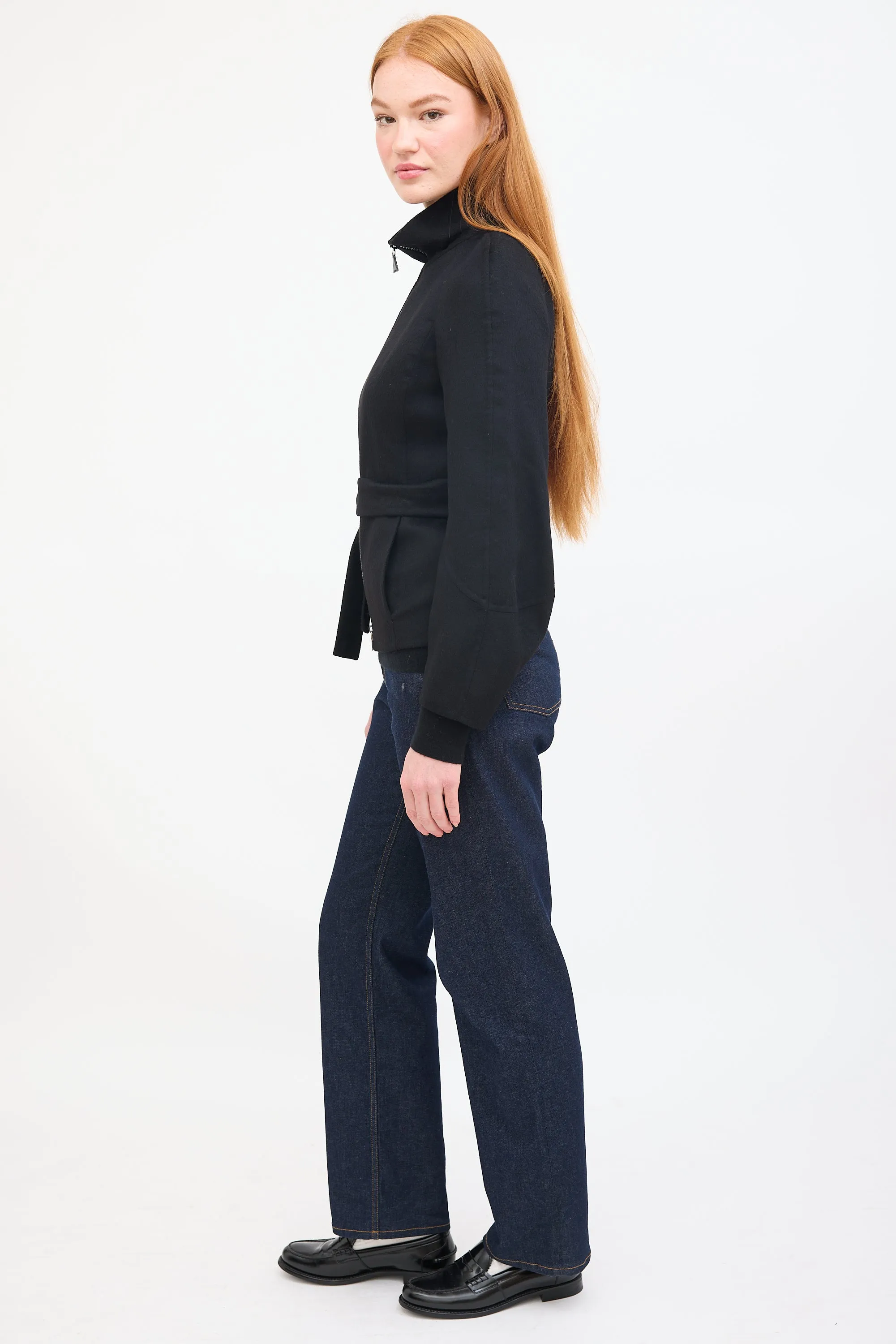 Black Cashmere Belted Zip Jacket
