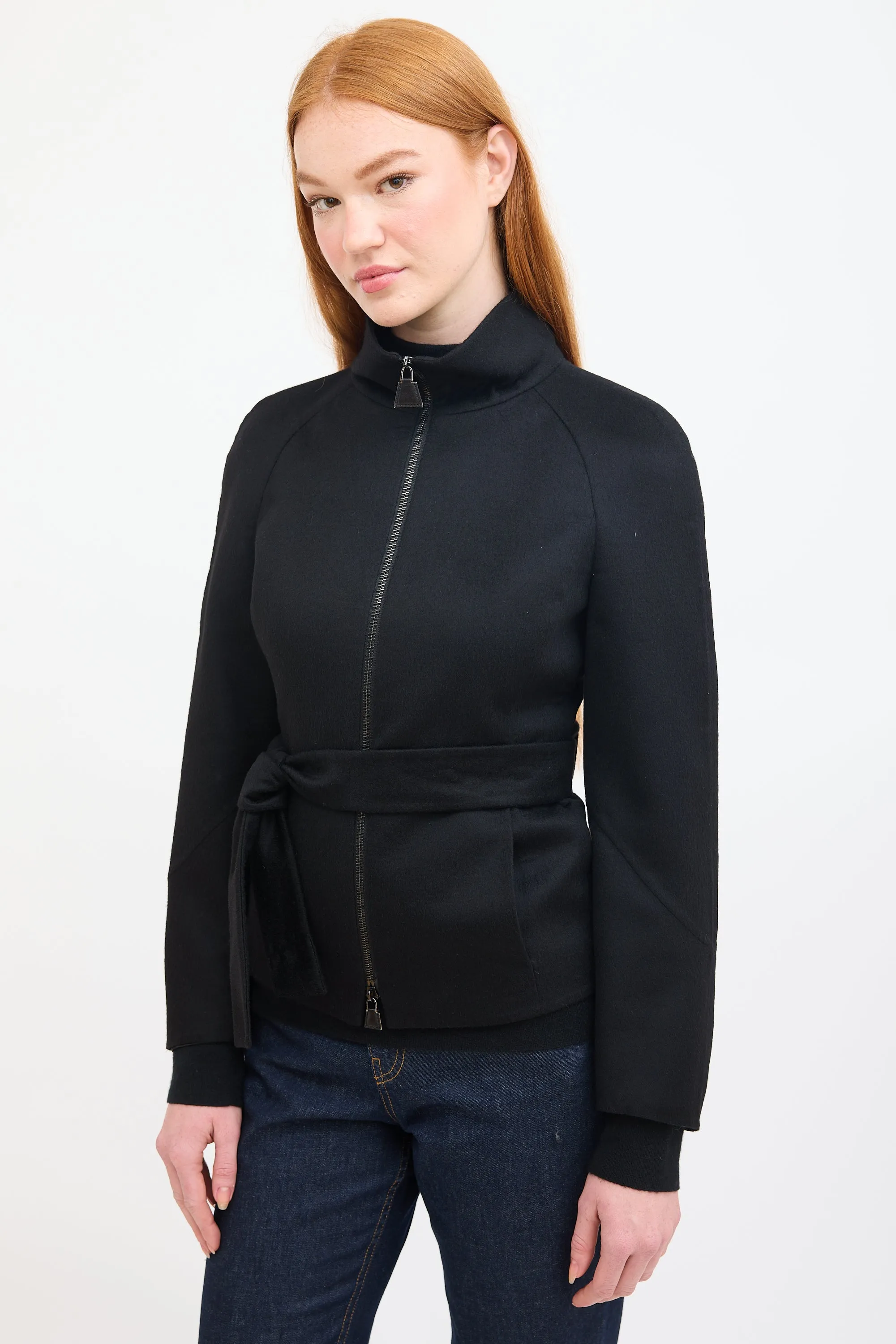 Black Cashmere Belted Zip Jacket