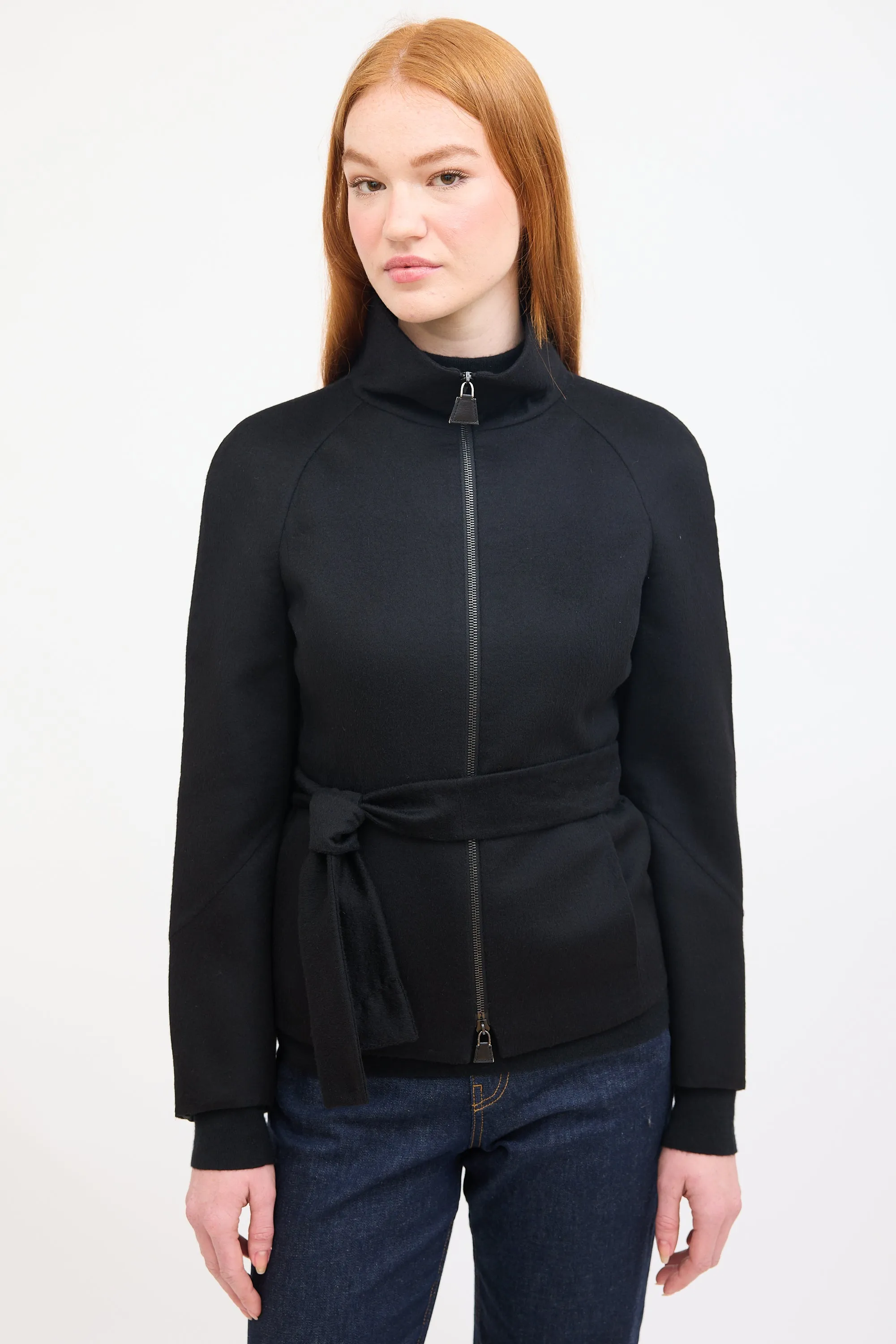 Black Cashmere Belted Zip Jacket
