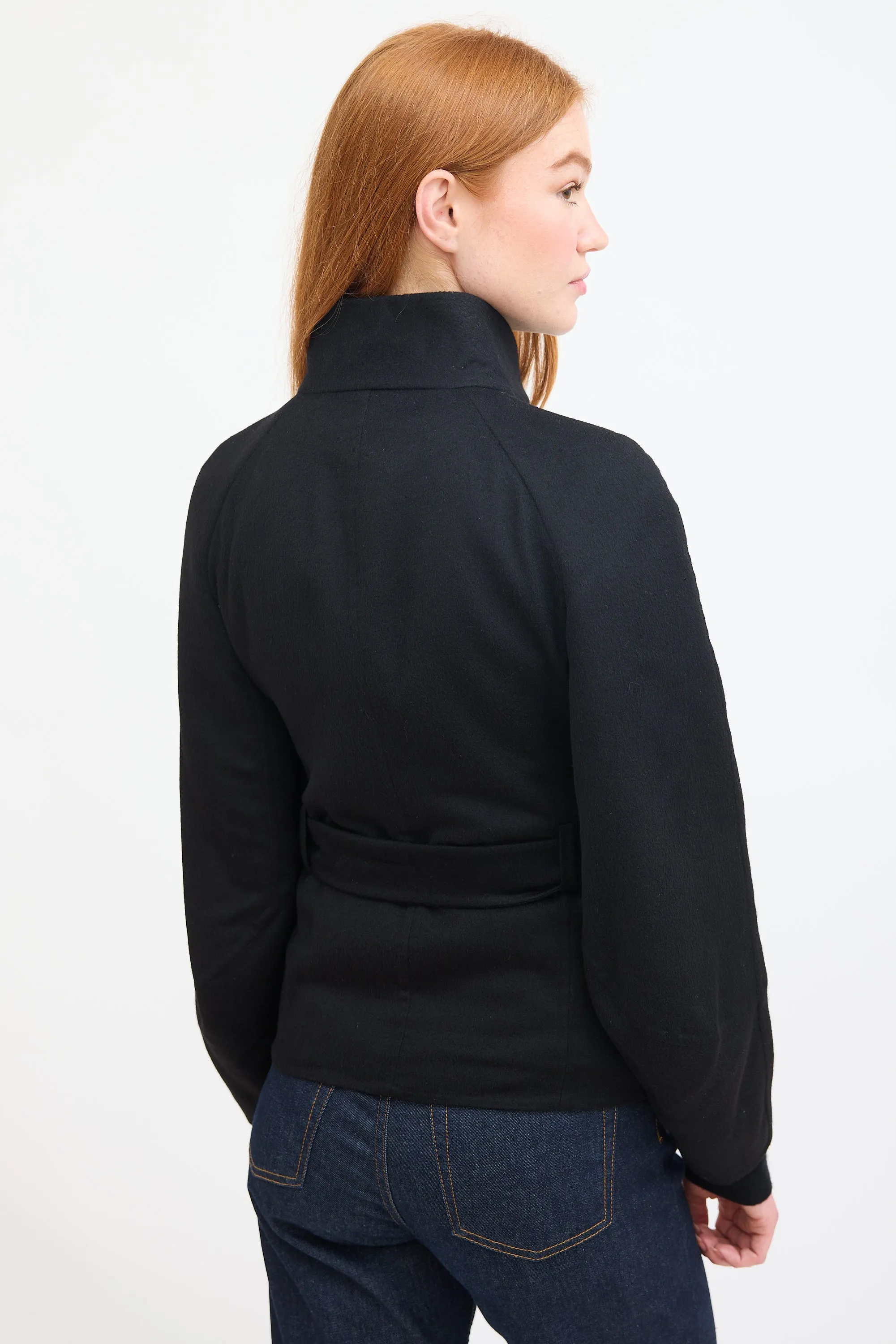Black Cashmere Belted Zip Jacket