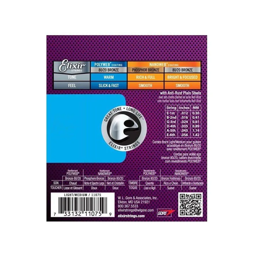 Elixir Polyweb Acoustic Strings Light Medium 12-56