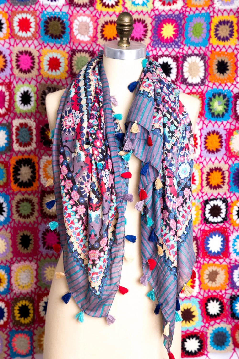 Floral Tassel Scarf in Sky