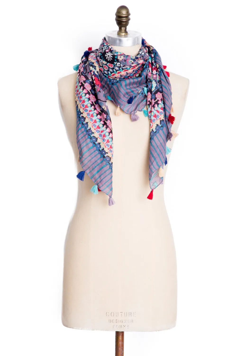 Floral Tassel Scarf in Sky