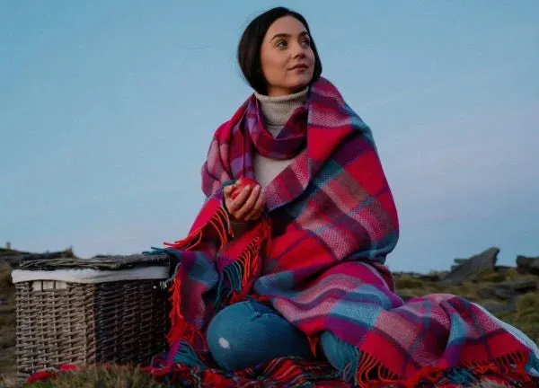 Merino Wool Cashmere Throw Orange Cerise Multi Check