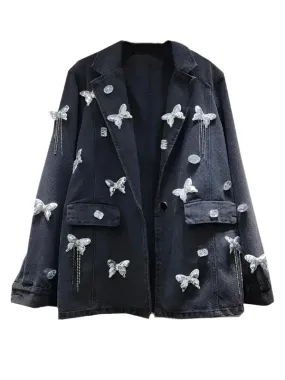 Wenkouban-Winter outfits Christmas Notched Collar Rhinestone Butterfly Oversized Denim Jacket